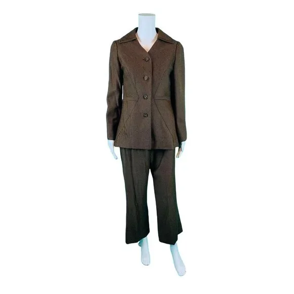 Vintage 70s Suit Set Womens M James Chen Brown Black Striped Pants Blazer Outfit